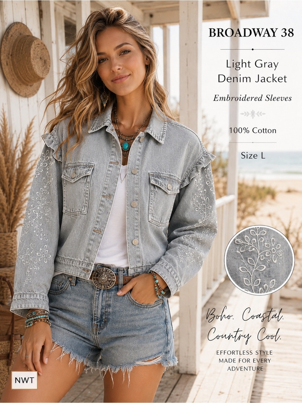 Broadway 38 Cropped Embroidered Denim Jacket Light Gray Size L NWT